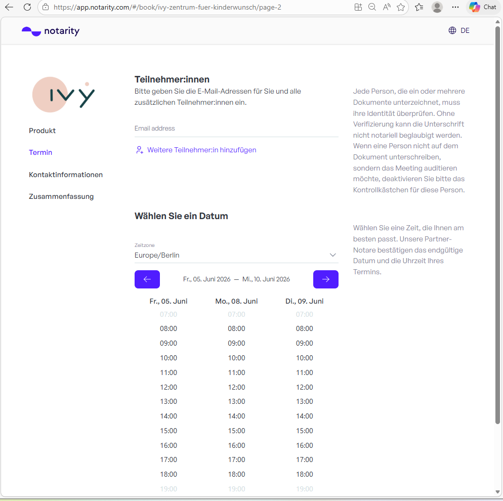 Screenshot der Notarity Online Plattform zur kurzfristigen Buchung eines Online-Notartermins
