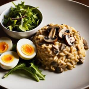 Pilze und Eier verarbeitet in einem Risotto mit Beilagensalat als wertvolle Nährstoffquelle bei Kinderwunsch.