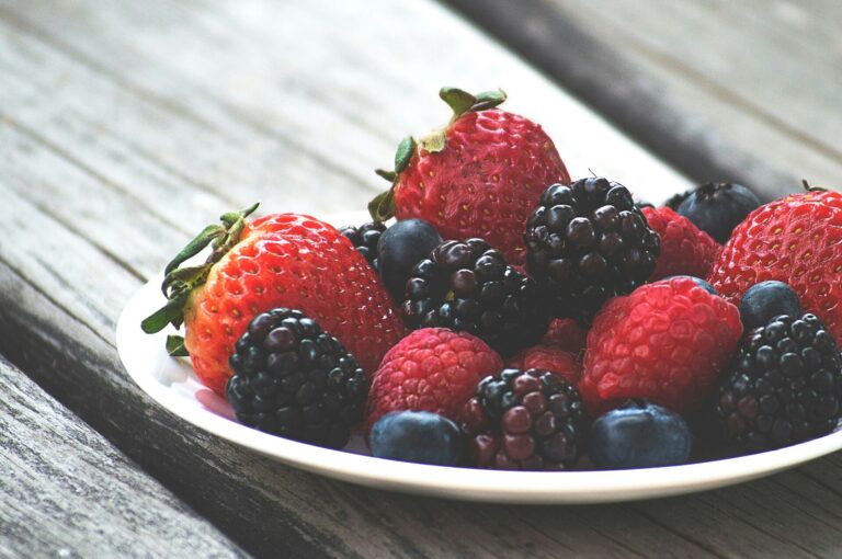 Erdbeeren, Himbeeren, Heidelbeeren, Brombeeren in einem Schälchen